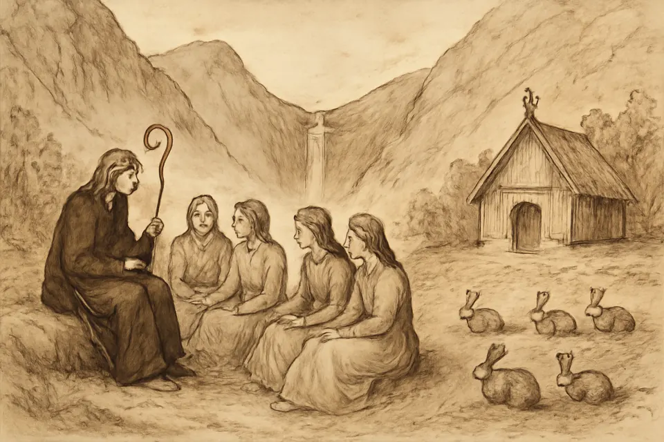 Ink-drawing-style illustration of St. Melangell as an elderly abbess with a crozier, teaching a few young women in a mountain valley while hares graze nearby