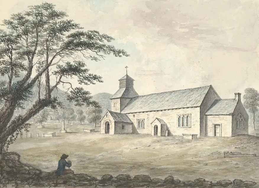 Watercolor of a small whitewashed stone church with a squat bell tower and a low eastern chapel in a quiet valley, with a figure seated under a tree in the foreground