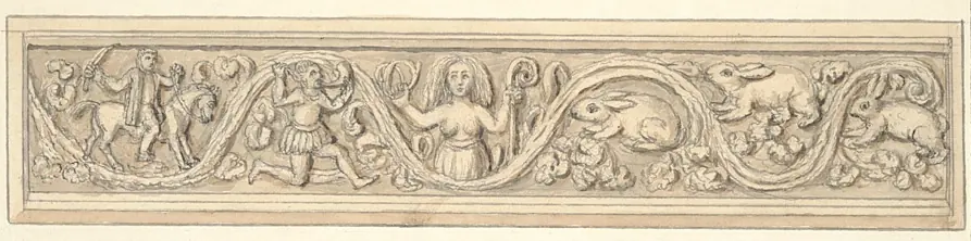 Long narrow drawing of a carved wooden frieze with a rider, a huntsman, a seated holy woman, a hare and running hounds among vine scrolls