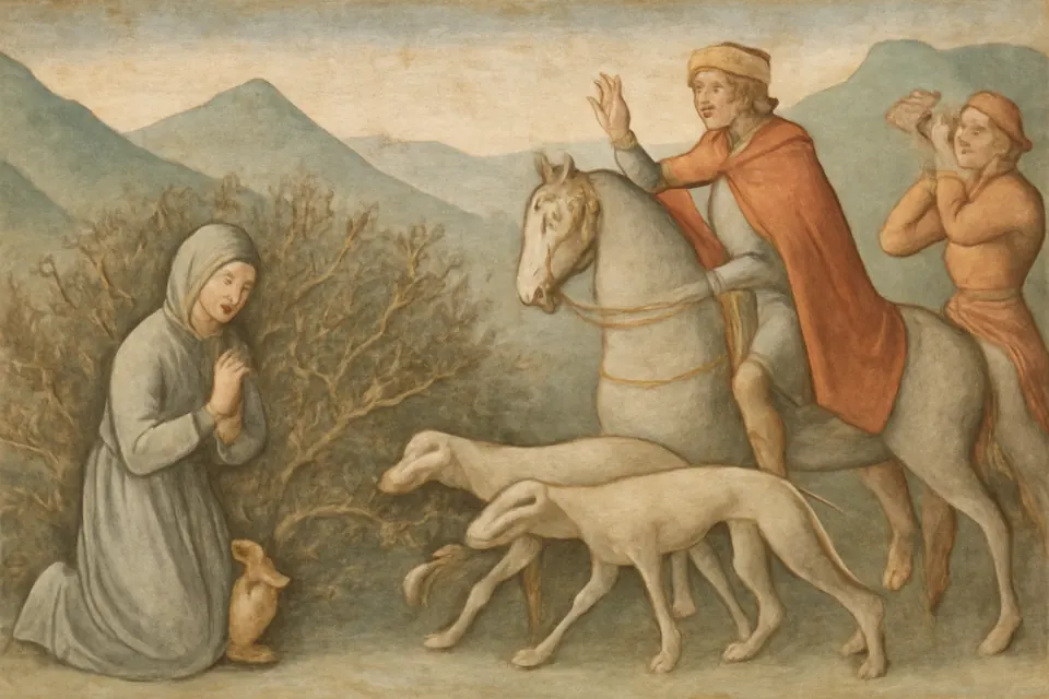 Fresco-style illustration of St. Melangell kneeling in a thicket with a hare under her robe while hunting hounds draw back and a prince on horseback looks on in amazement