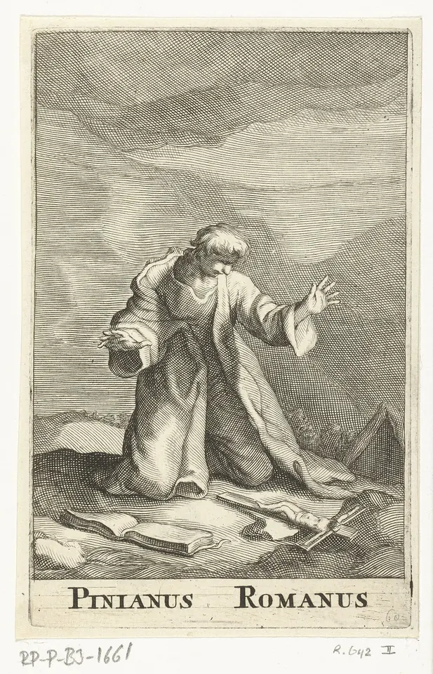 Engraving of a bearded man in a robe kneeling with arms spread in a rocky landscape, books and a cross at his knees, captioned Pinianus Romanus