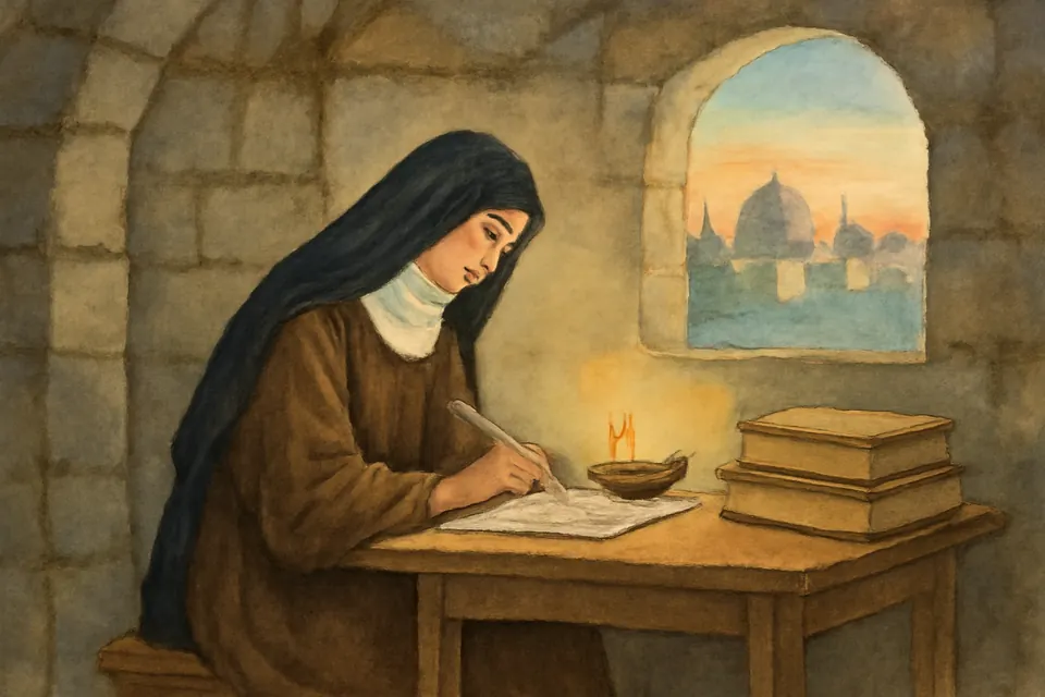 Watercolor-style illustration of a woman in a dark veil copying a manuscript by lamplight in a small stone cell on the Mount of Olives