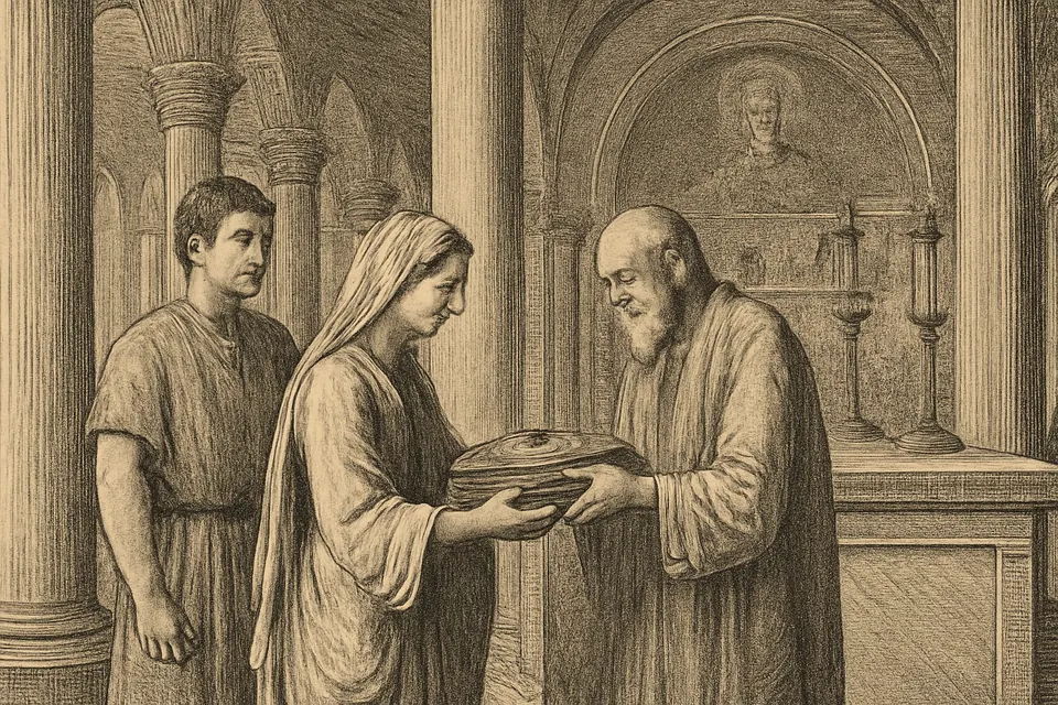 Engraving-style illustration of a young Roman noblewoman handing folded silk garments to a priest at a church altar
