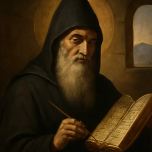 Oil-painting-style portrait of St. Mesrop Mashtots as a gray-bearded Armenian monk in a black hood, holding a pen over a page of Armenian letters