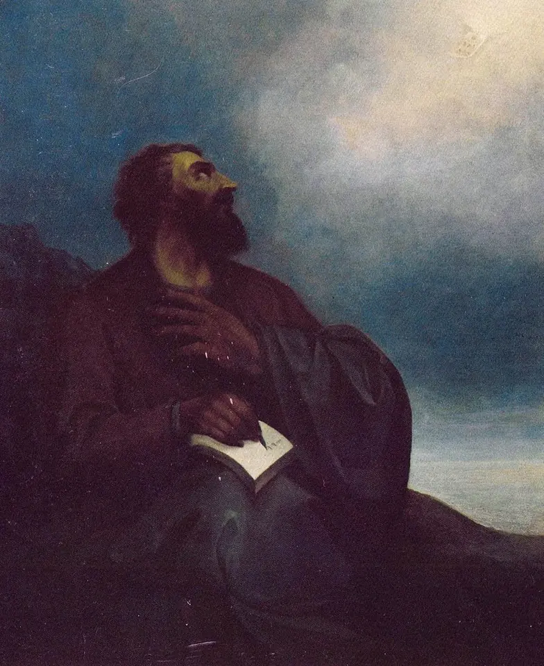 Dark nineteenth-century painting of a bearded man in a dark robe sitting on a hillside, gazing up into a cloudy sky with his hand on his chest and a sheet of paper on his knee
