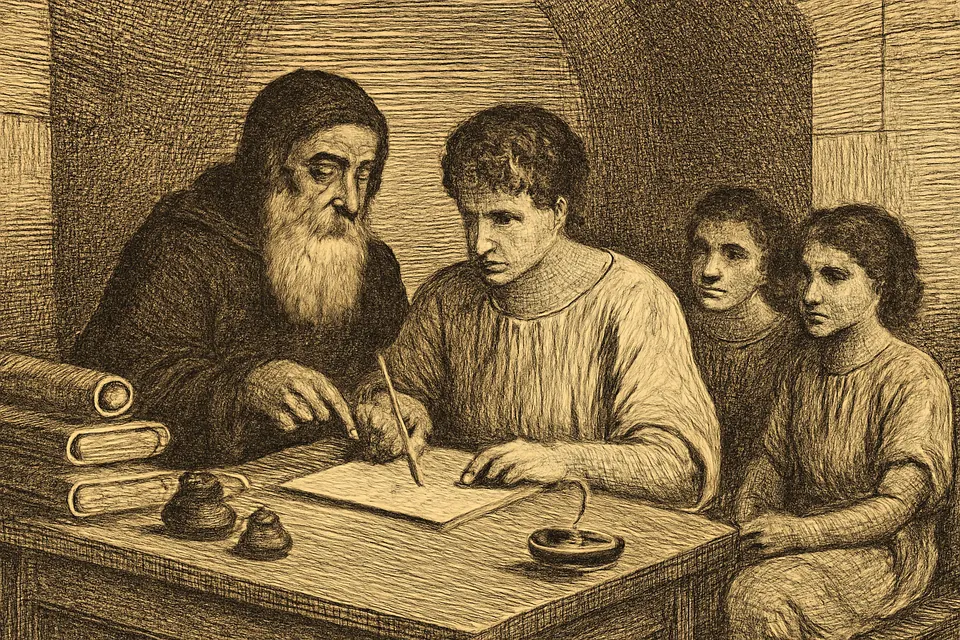 Engraving-style scene of an Armenian monk and a Greek scribe at a writing table in a lamp-lit room, shaping new letters on parchment