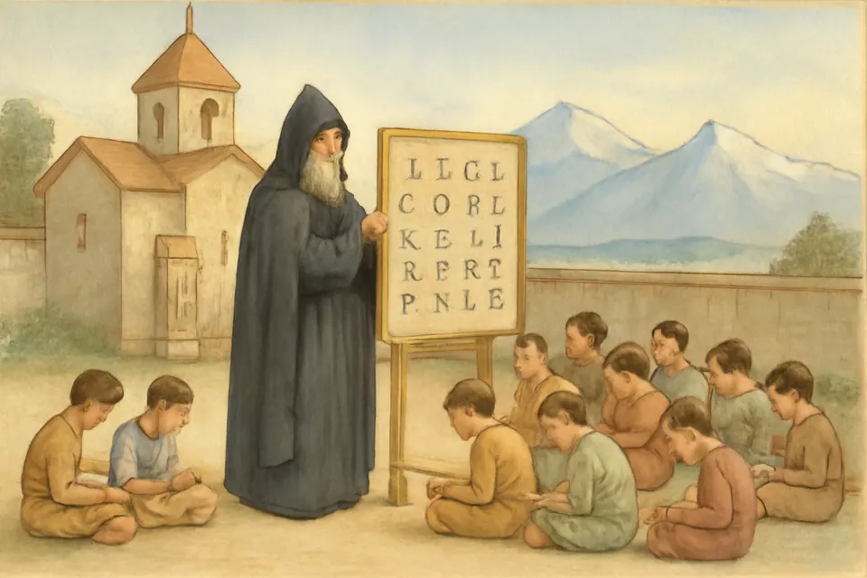 Watercolor-style scene of an old Armenian monk teaching boys to write the new alphabet on wax tablets in a stone courtyard