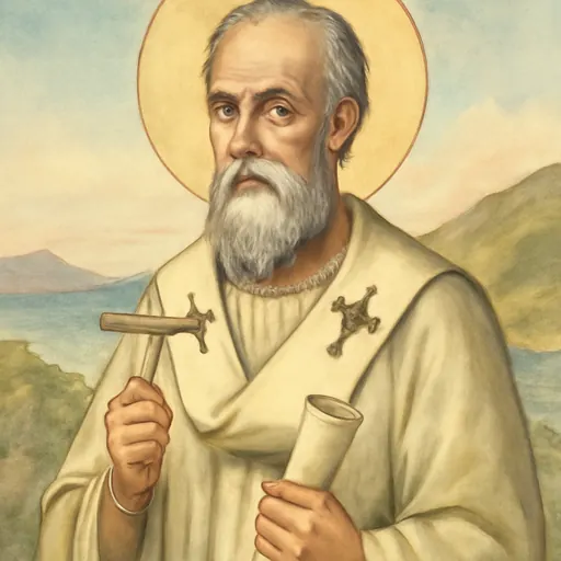 Watercolor-style portrait of St. Methodius of Olympus as an early Christian bishop with a gray beard, holding a scroll and a small cross