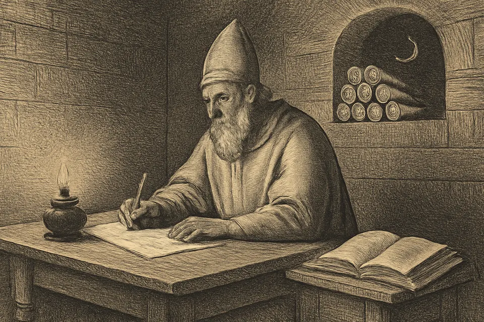 Engraving-style scene of St. Methodius writing at a table by lamplight, with scrolls and codices stacked around him