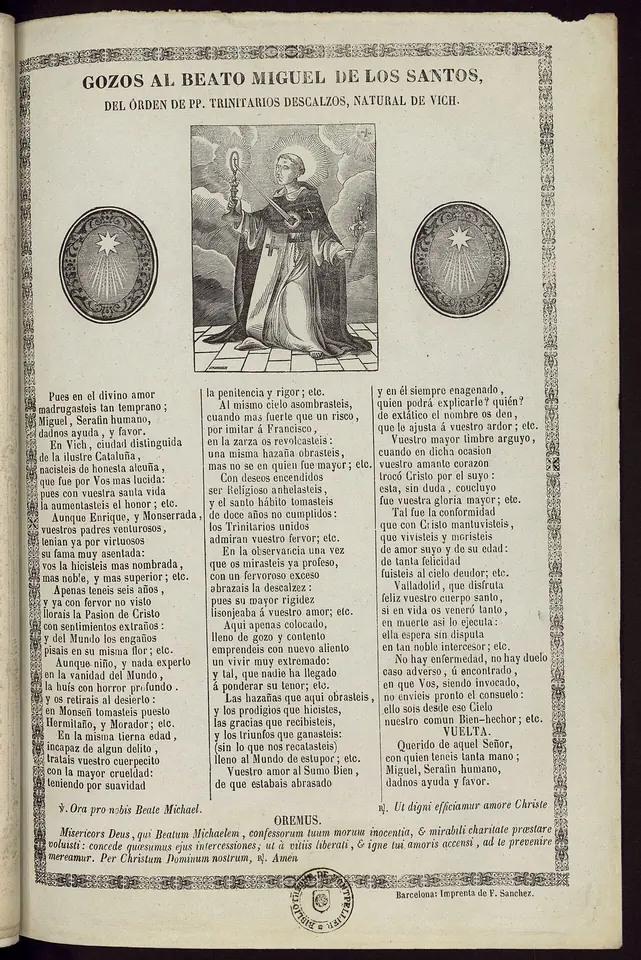 Printed devotional sheet of hymn verses in columns under a small engraving of a kneeling friar before an altar, framed by an ornamental border