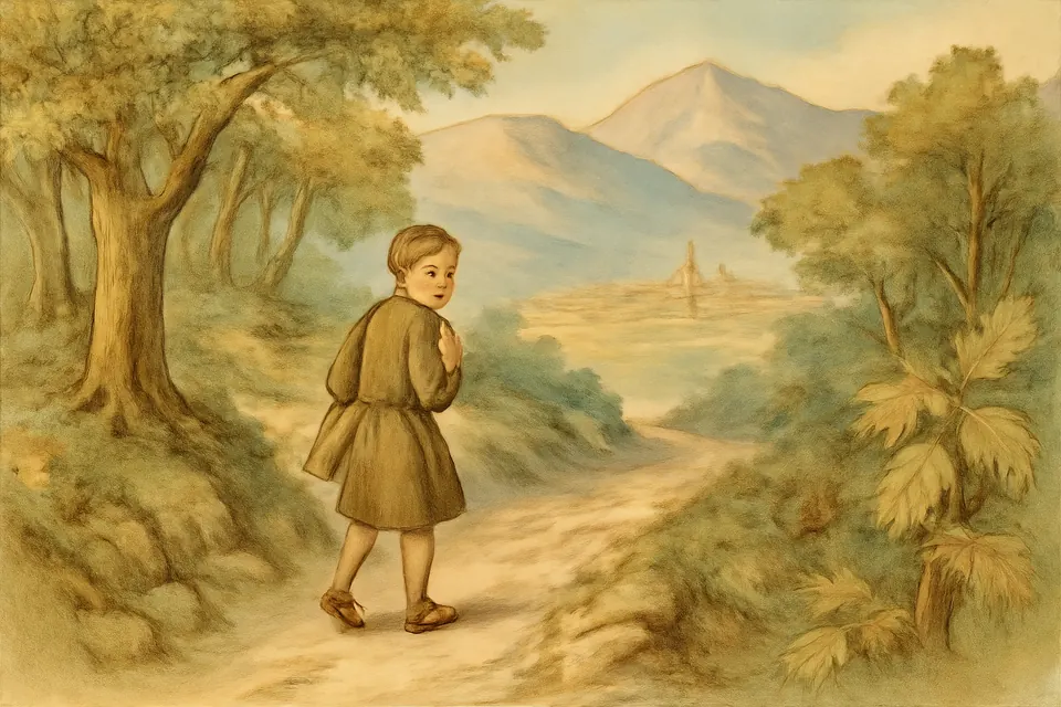Watercolor-style scene of a small Catalan boy in a plain tunic walking alone on a mountain path toward wooded peaks, looking back over his shoulder