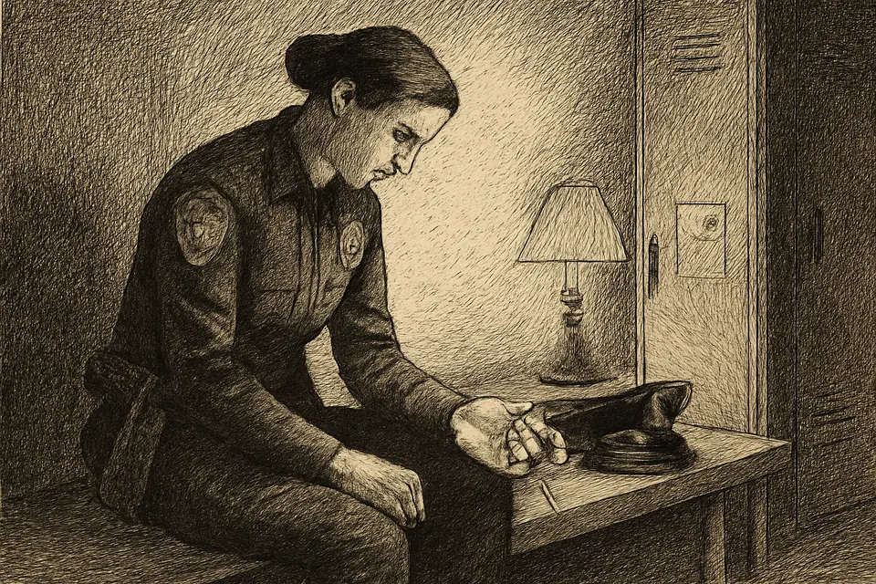 Watercolor-style illustration of a police officer in uniform holding a small St. Michael medal in her palm at the start of a night shift