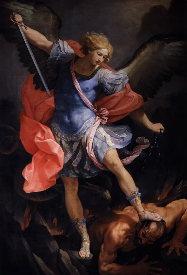 Painting of the Archangel Michael in blue and rose armor-like robes, wings spread, sword raised and a chain in his hand, calmly setting his foot on the head of a dark-haired Satan
