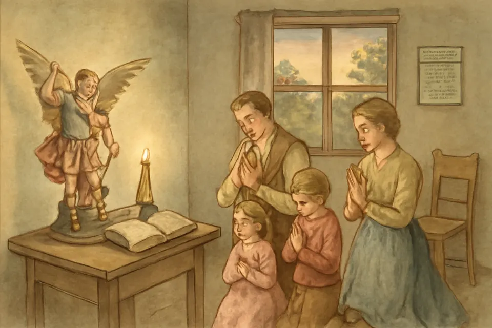 Ilustración en estilo óleo de una familia arrodillada al atardecer ante una pequeña imagen de San Miguel, con una vela encendida y un devocionario abierto sobre una mesita