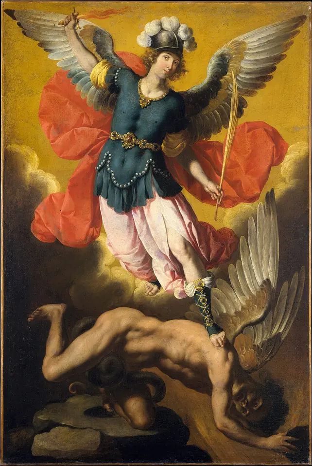 Pintura barroca española de San Miguel con armadura azul y capa roja, la espada en alto y un yelmo con plumas, de pie sobre el cuerpo de Satanás que cae