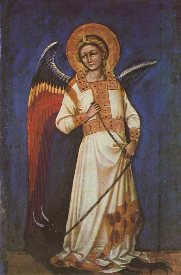 Tabla medieval de un ángel con aureola y túnica blanca de cuello bordado en oro, con alas rojas y azules, sobre un fondo azul oscuro