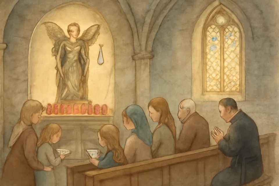 Ilustración en acuarela de un grupo de feligreses que rezan juntos al anochecer ante un altar lateral de San Miguel en una iglesia de piedra