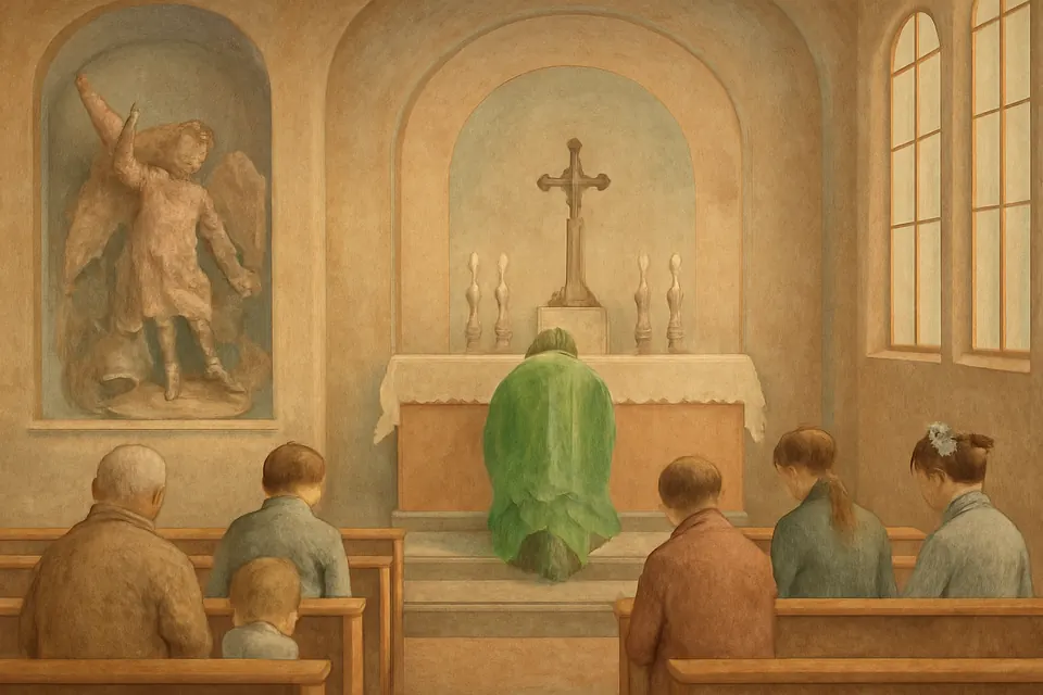 Oil-painting-style illustration of a parish congregation kneeling after Mass while a priest kneels at the foot of the altar, with a statue of St. Michael with a raised sword in a side niche
