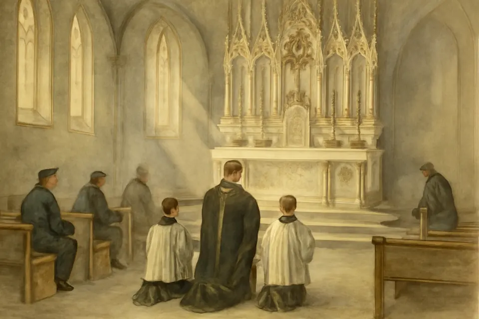 Watercolor illustration of a priest and servers kneeling at the foot of the altar after a Low Mass in an old city church, with a few worshipers kneeling behind them