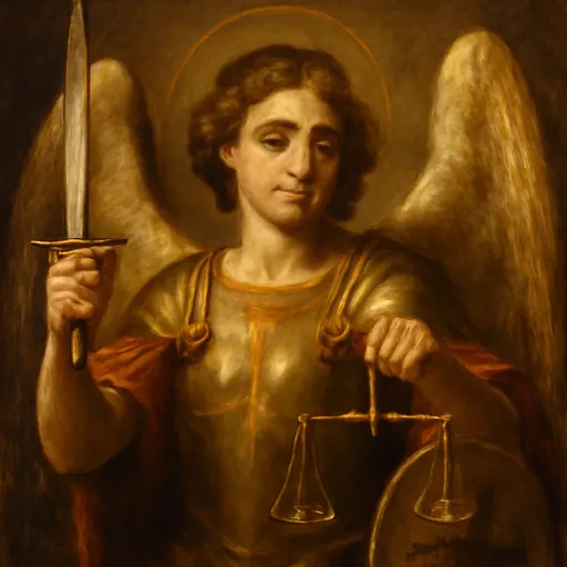 Oil-painting-style portrait of St. Michael the Archangel as a young winged warrior in golden armor, holding a raised sword and a set of scales