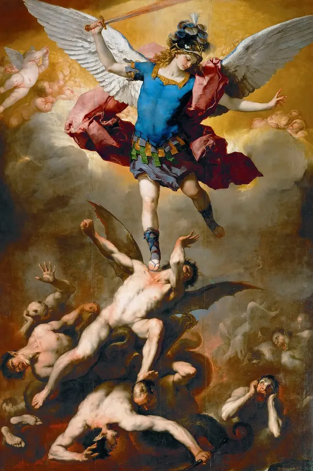 Baroque painting of Michael in blue armor and a red cloak, sword raised, standing on a mass of tumbling rebel angels as they fall out of a golden sky
