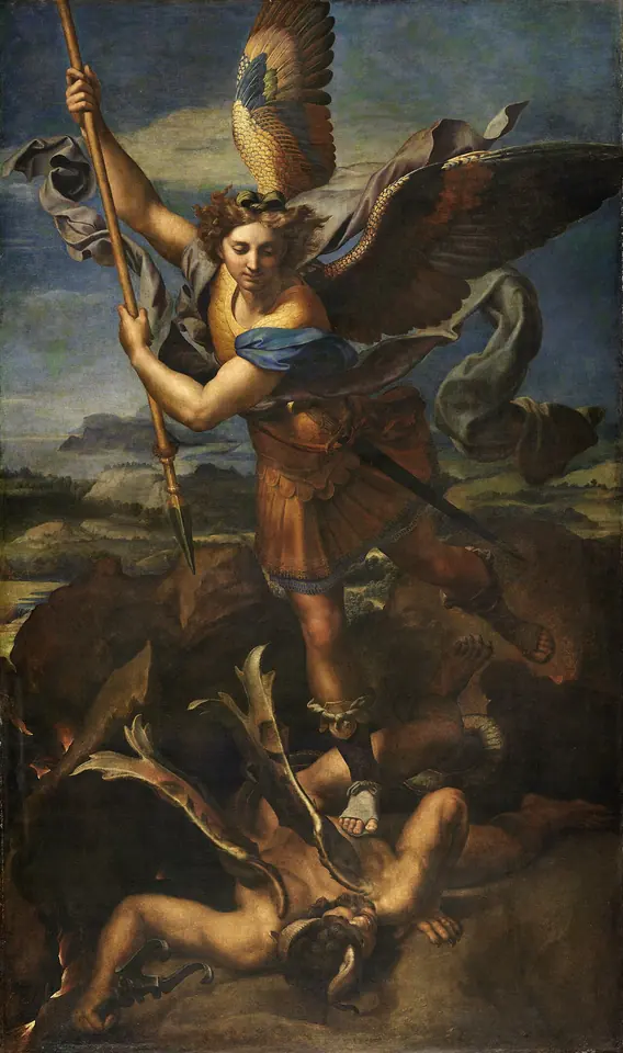 Raphael's painting of the winged archangel Michael in blue armor, gripping a lance in both hands and pinning a fallen demon to the rocks with his foot