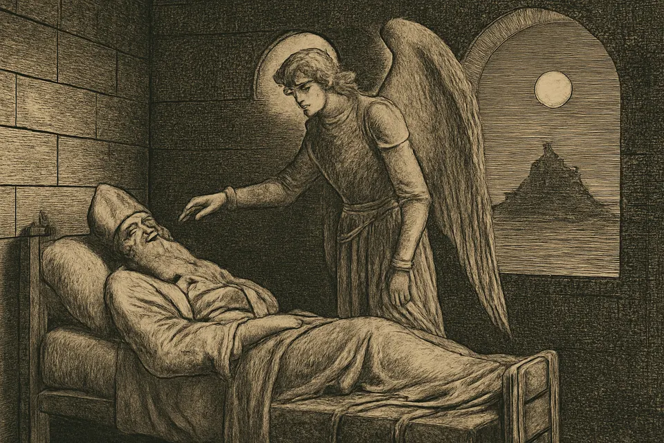 Illustration of St. Michael appearing to Bishop Aubert of Avranches in a dream and touching his forehead
