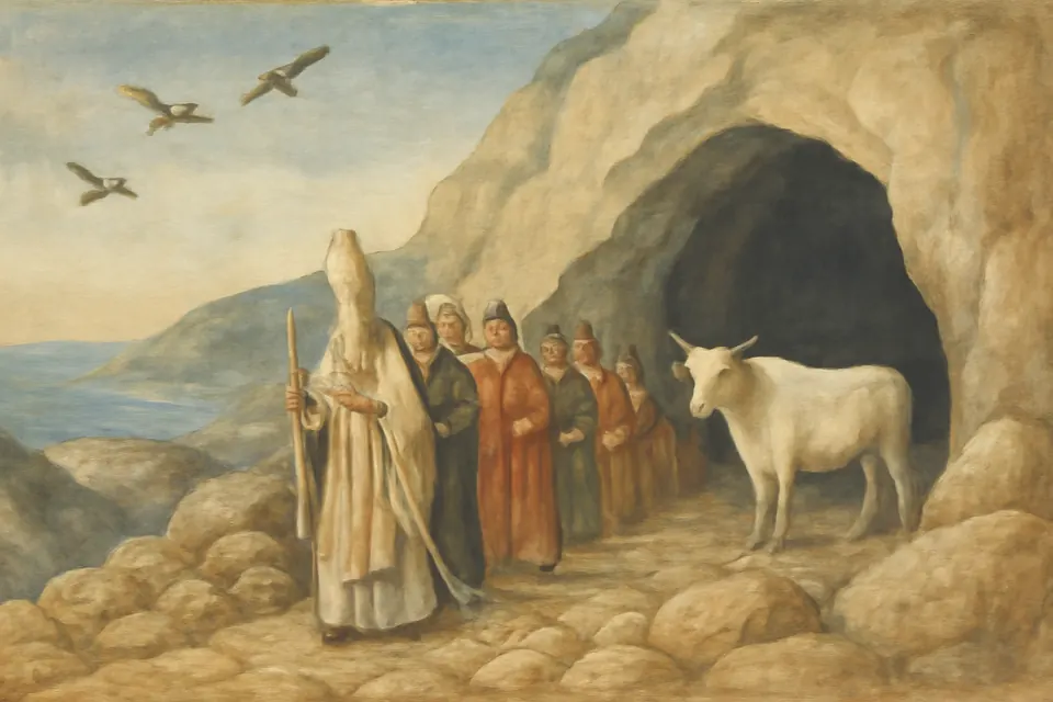 Illustration of Bishop Lawrence of Siponto and his people climbing to the cave of St. Michael on Monte Gargano