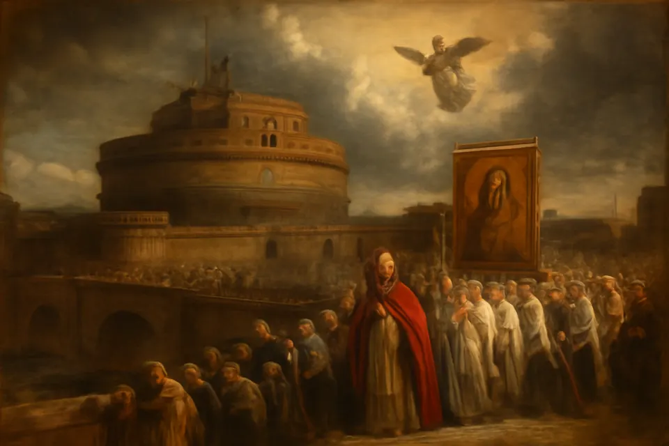 Illustration of Pope Gregory the Great leading a procession across a bridge in Rome as an angel sheathes a sword above the round fortress