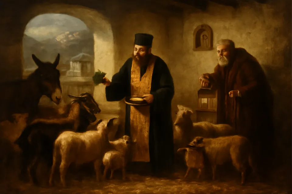 Oil-painting-style scene of a Greek priest sprinkling holy water over goats and sheep in a stone stable