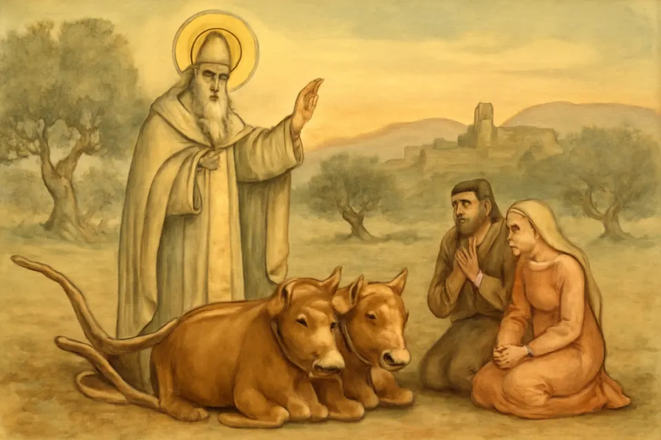 Watercolor-style scene of an old bishop blessing a farmer's pair of oxen in a village field