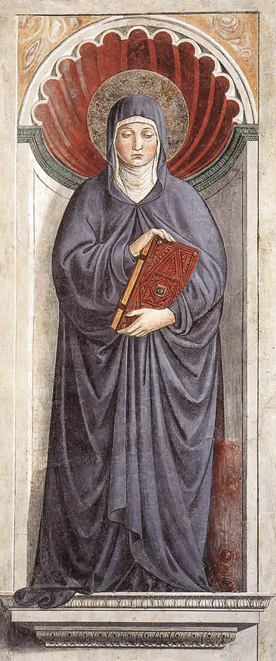 Fresco de Santa Mónica de pie en una hornacina en forma de concha, con manto azul grisáceo y velo blanco, que sostiene un libro rojo