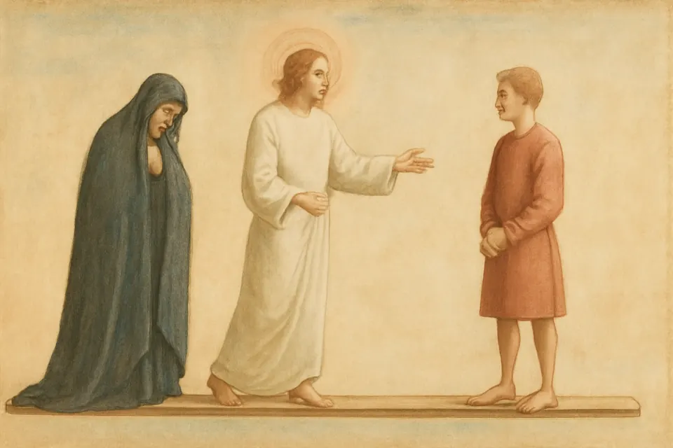 Ilustración en estilo fresco del sueño de Mónica, que llora de pie sobre una regla de madera mientras un joven resplandeciente le muestra a su hijo a su lado
