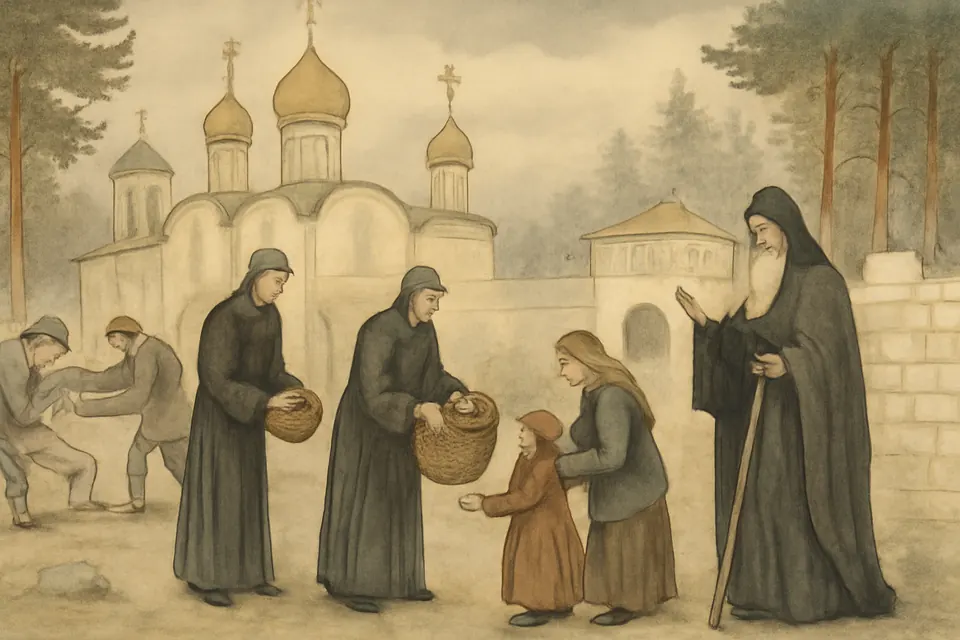 Watercolor-style scene of an old abbot watching villagers carry stones and timber to build at a Russian monastery while monks hand out bread