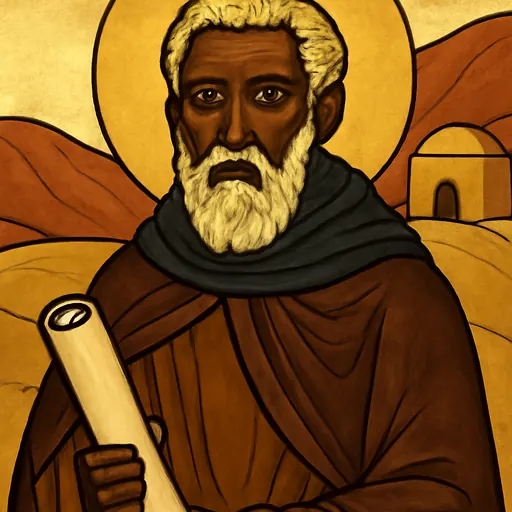 Icon-style portrait of St. Moses the Black as an elderly dark-skinned monk with a white beard, in a brown habit and cowl, holding a scroll