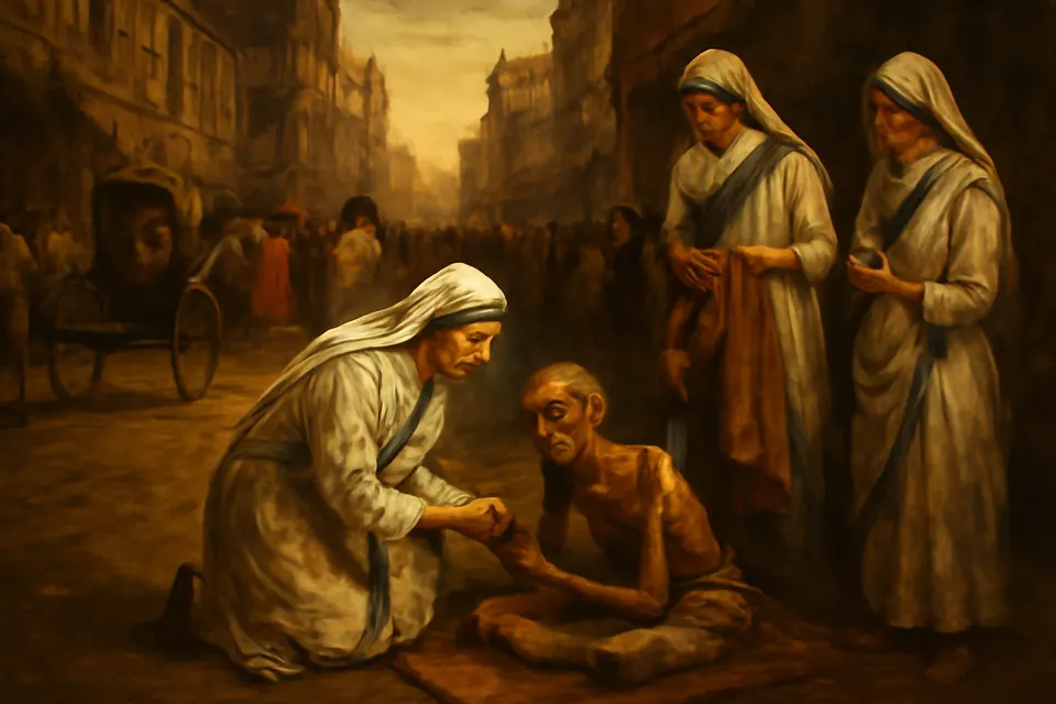 Ilustración en estilo óleo de una pequeña religiosa anciana con sari blanco orlado de azul arrodillada en una calle de Calcuta para tomar la mano de un hombre enfermo