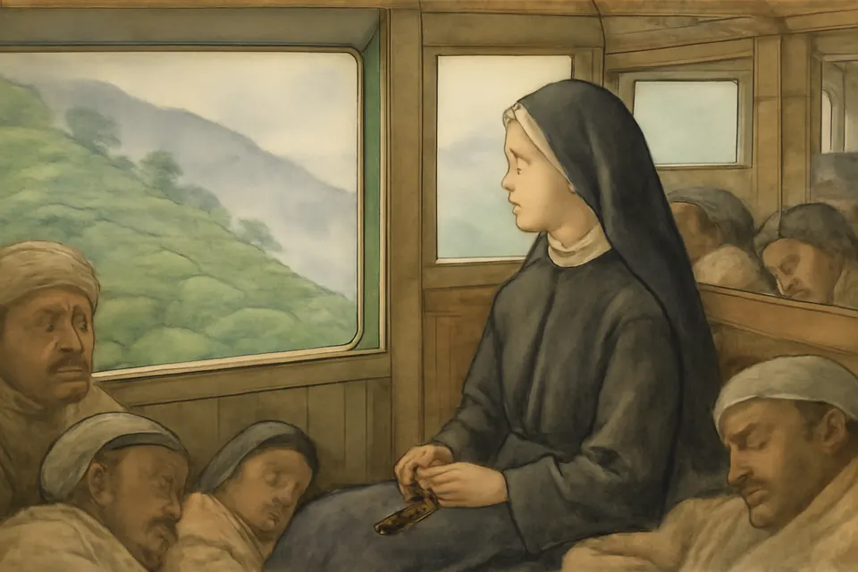 Illustration of a young nun in a dark habit sitting by the window of a train climbing the hills toward Darjeeling in 1946