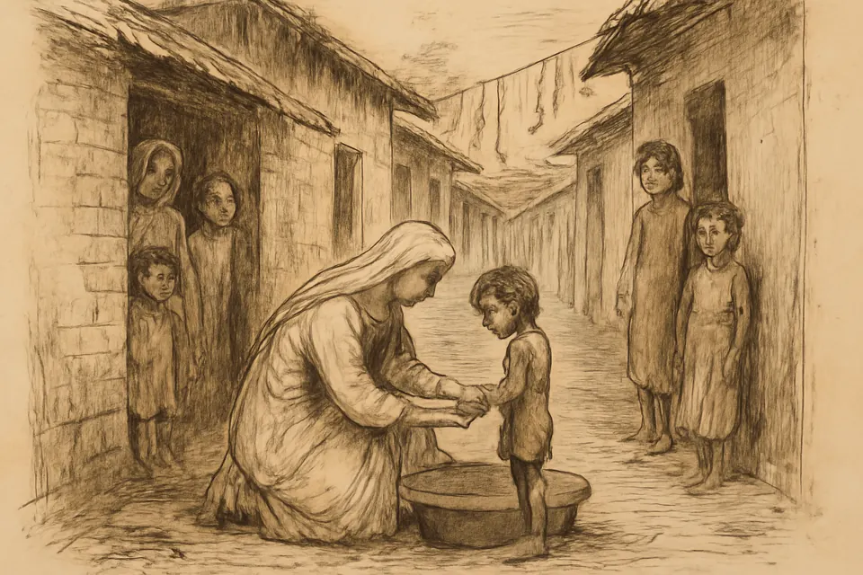 Drawing of a nun in a white sari kneeling in a narrow Calcutta slum lane to bathe a small child's sores as neighbors watch