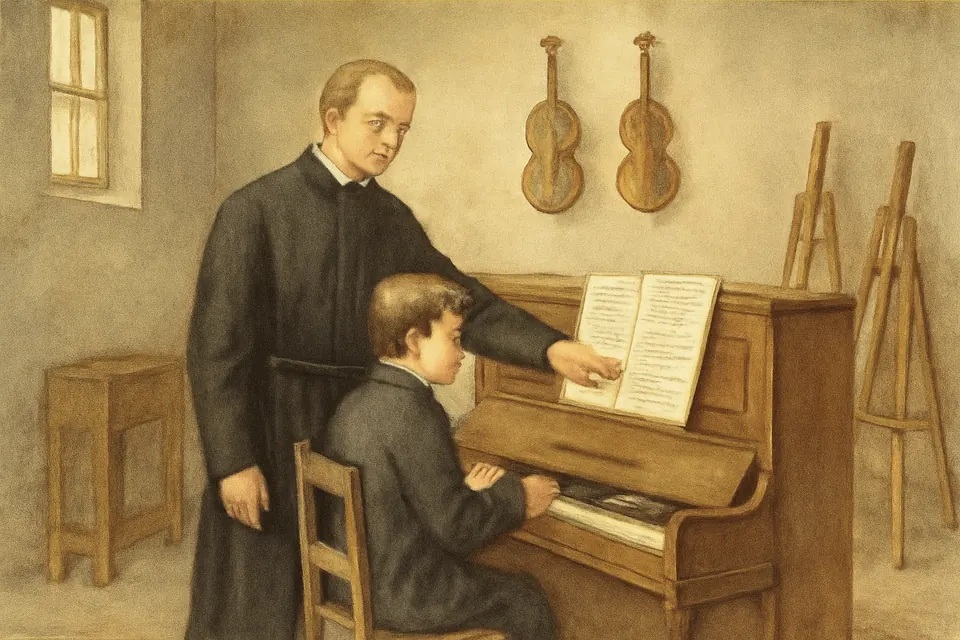 Watercolor-style scene of a religious brother helping a boy practice the piano in a school music room