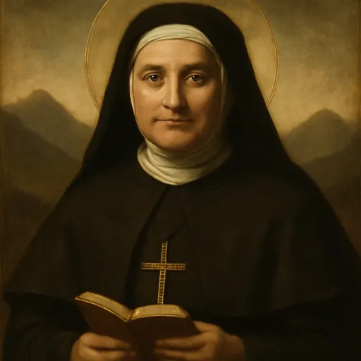 Oil-painting-style portrait of St. Nazaria Ignacia, a Spanish nun in a dark habit and veil with a white headband, holding a crucifix