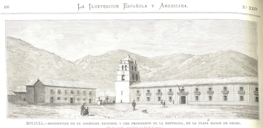 Nineteenth-century engraving of a wide town square with low colonial buildings and a church bell tower, bare mountains behind