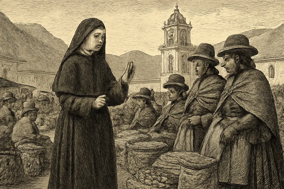 Engraving-style scene of a nun standing among market women in a crowded Andean market square, speaking with them