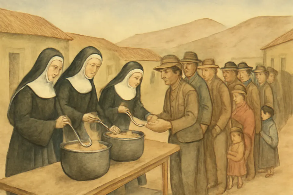 Watercolor-style scene of nuns serving soup from large pots to a long line of unemployed miners in a Bolivian street