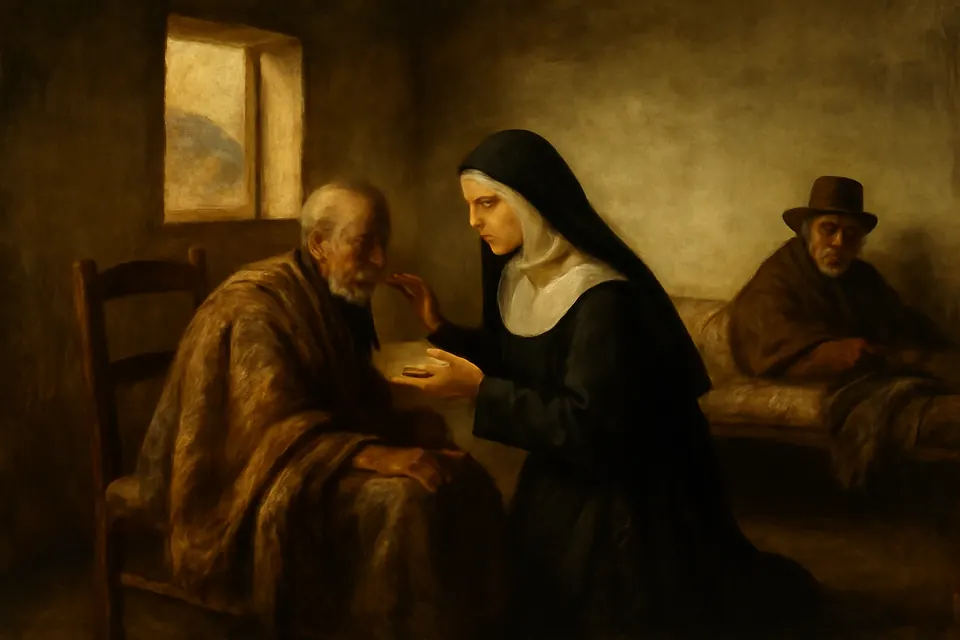 Oil-painting-style scene of a young nun spooning soup for an old Andean man in a whitewashed home for the elderly