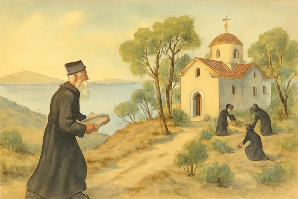Illustration of an old monk in a worn black cassock carrying stones up a path to a small whitewashed monastery on a Greek island hillside