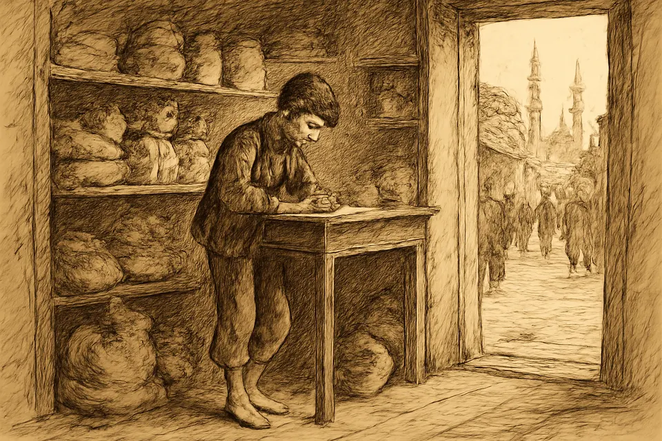 Drawing of a barefoot boy in a Constantinople tobacco shop in the 1860s writing a letter at the counter