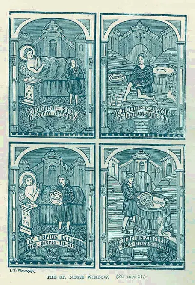 Blue-tinted drawing of four stained-glass panels showing a monk sick in bed, a servant cooking two fish, the servant carrying fish on a dish, and the fish returned to a well