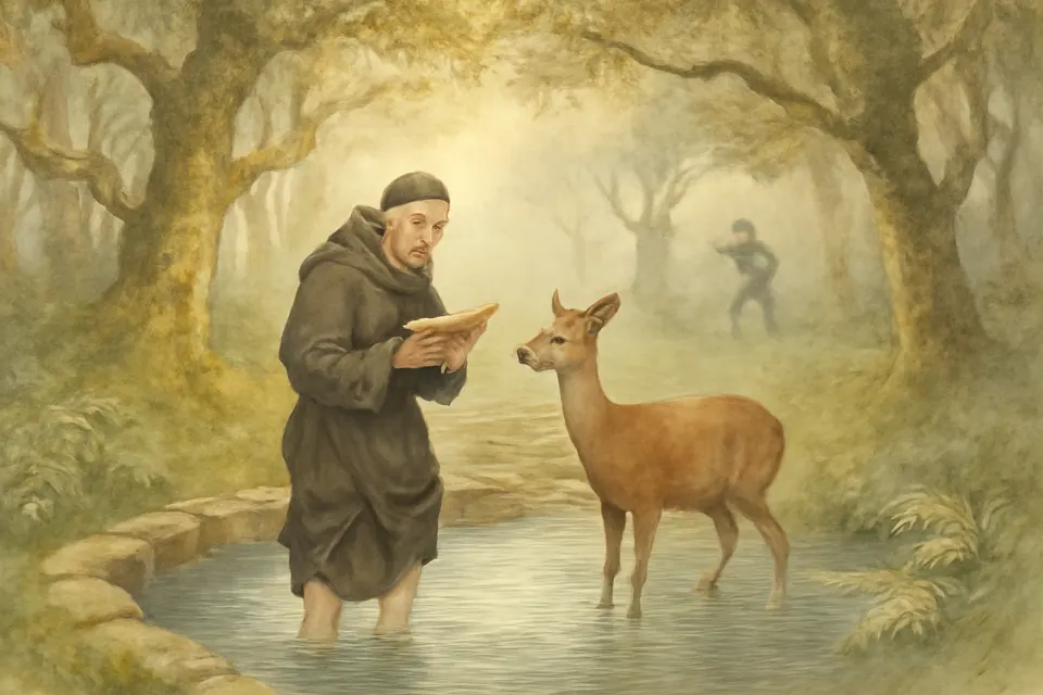 Watercolor-style scene of St. Neot standing knee-deep in a woodland spring at dawn, reading the psalms from a book as a doe shelters at his side