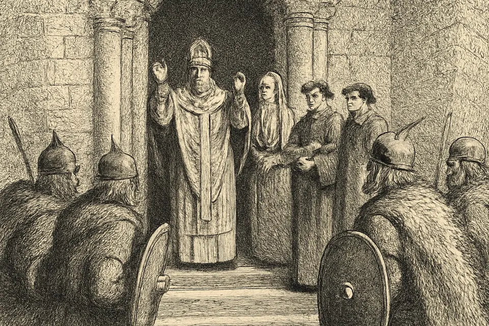 Engraving-style scene of a bishop standing calmly in the doorway of an early stone basilica, a woman and two clerics beside him, as armed warriors approach