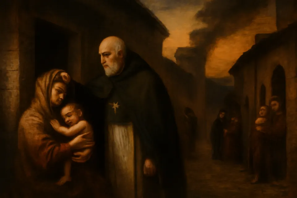 Oil-painting-style scene of an elderly bishop going from house to house in a Roman town at dusk, comforting frightened families while smoke rises beyond the walls